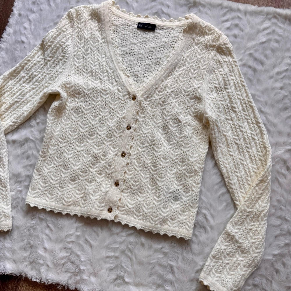 GAP CashSoft Pointelle Cardigan White Knit Coastal Grandma Size Small - Picture 4 of 7